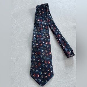 Harry Rosen Navy Fan Patterned Men's 100% Silk Tie Made in Canada Vintage Red